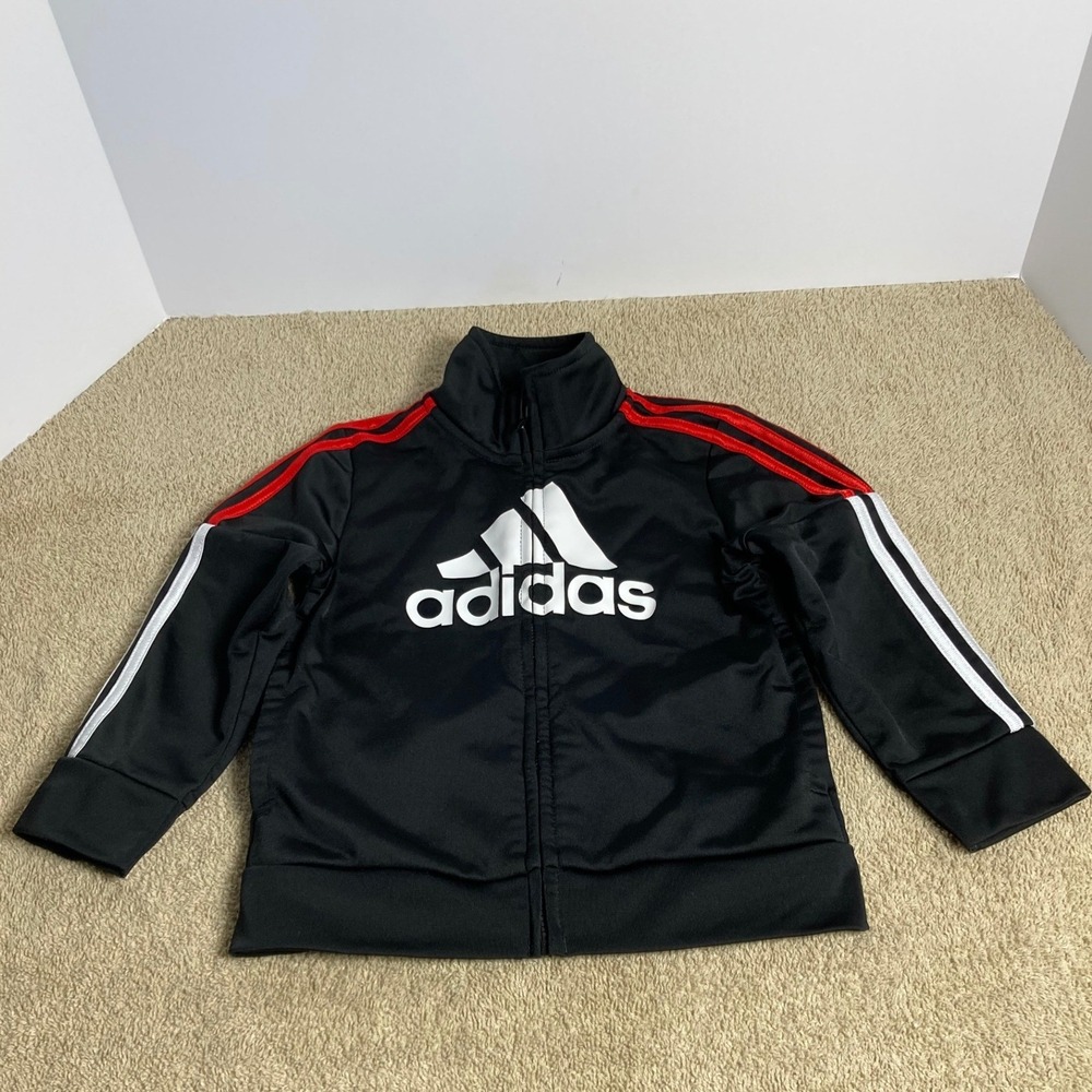 Adidas Kids Track Jacket Black Red White 3-Stripe Full Zip Big Logo 24M